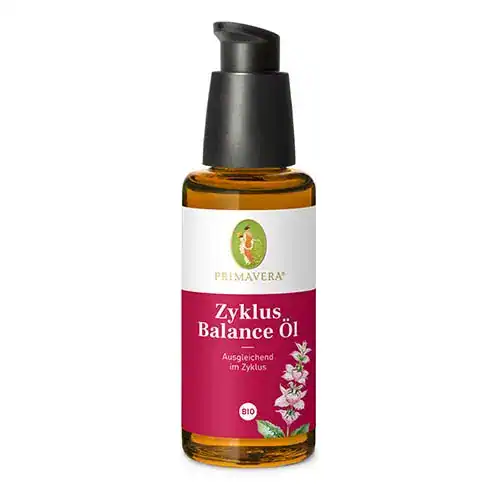 Zyklus Balance Oil by Primavera in a pump bottle, promoting hormonal balance and well-being.